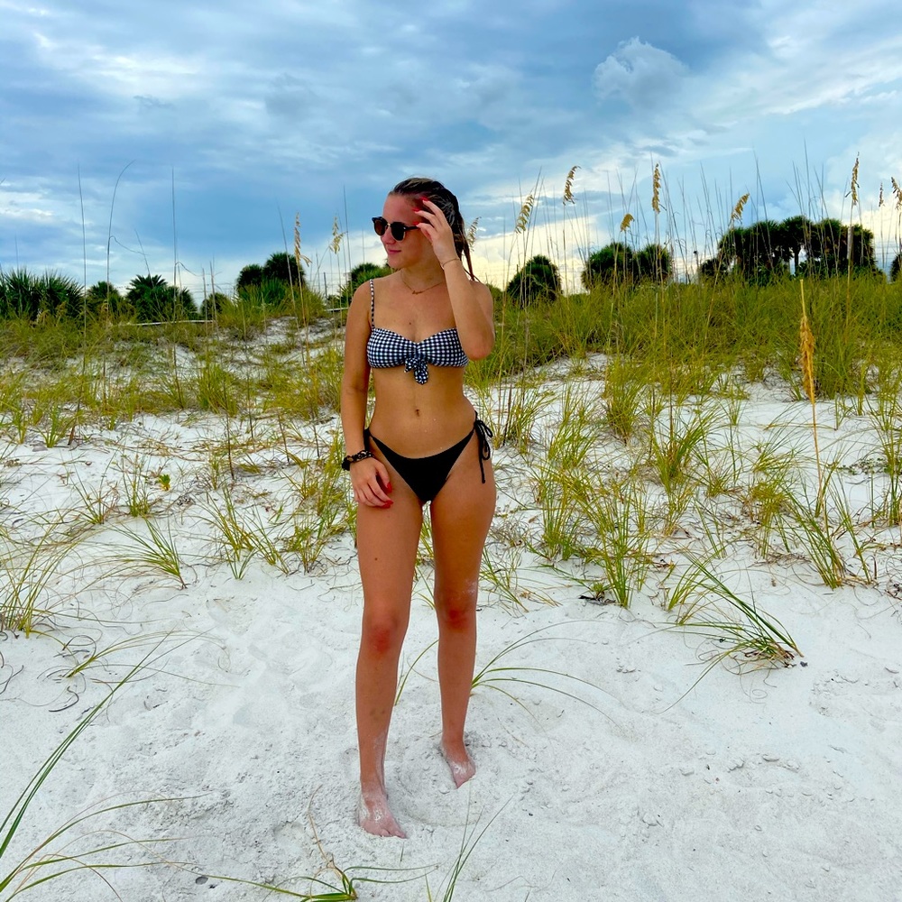 Plaid bathing suit top & black bottoms bikini